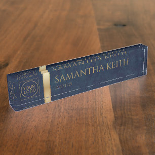 Business Logo Luxury Navy Leather Custom Nameplate