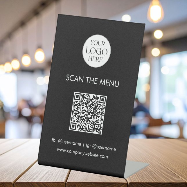 Business Logo Menu QR Code Modern Minimalist Pedestal Sign (In situ)