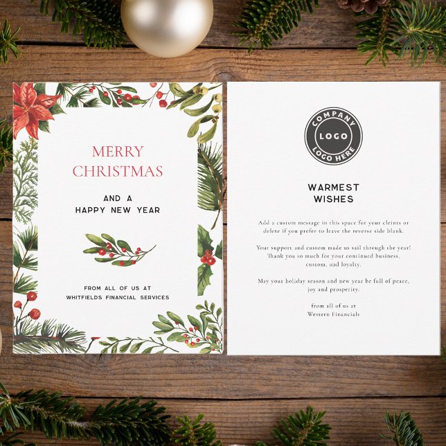 Business Logo Merry Christmas Botanical Greetings Card (Red Berries Business Logo Christmas Company Greetings Card)