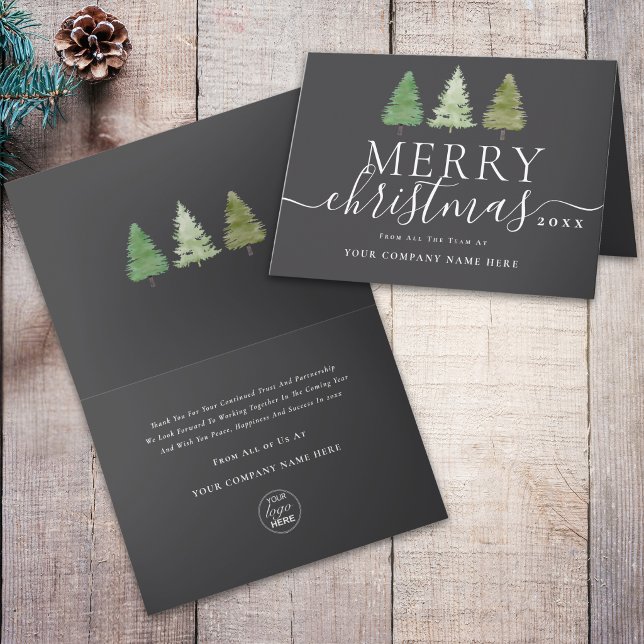 Business Logo Merry Christmas Pine Trees Script Holiday Card (Corporate logo merry Christmas pine trees elegant script professional business holiday card)