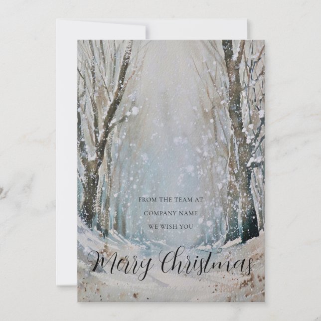 Business Logo Merry Christmas Snowy Winter Forest Holiday Card (Front)