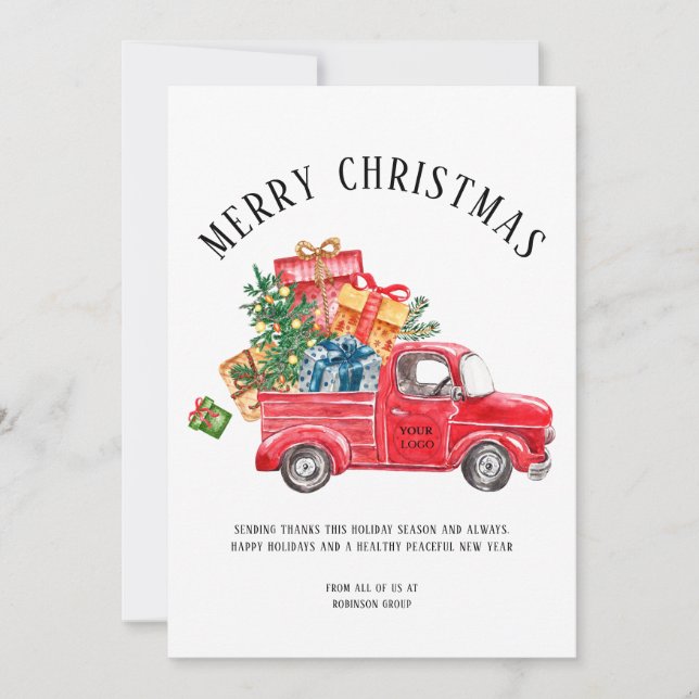 Business Logo Merry Christmas Tree Red Truck Holiday Card (Front)