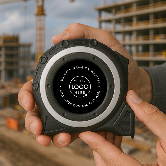 Business Logo Minimal Stylish Professional Black 1 (Sleek black company branded professional tape measures for business promotion & swag.)
