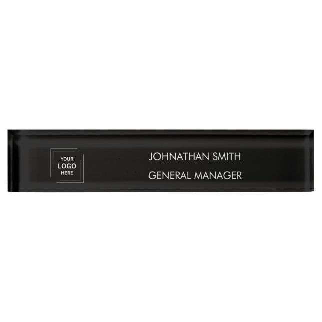 Business Logo | Modern Black Office Desk Accessory Nameplate (Front)