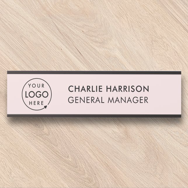 Business Logo | Modern Employee Staff Blush Pink Door Sign (Blush pink company branded nameplate door or desk signs for business employee & office signage.)