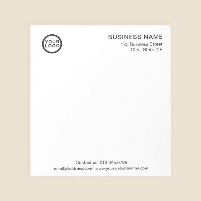 Business Logo Modern Minimalist White Notepad (Stylishly Personalize with Your Custom Logo, Business Name & Contact Information.)