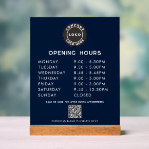 Business Logo Modern QR Code Opening Hours Black Acrylic Sign