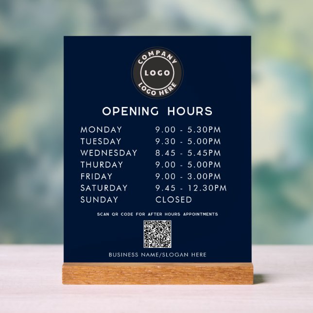Business Logo Modern QR Code Opening Hours Black Acrylic Sign (Neutral)