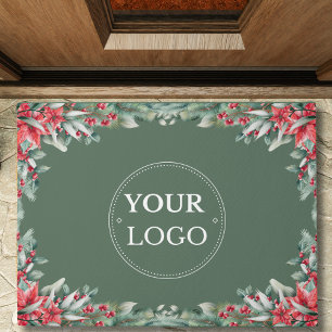 Business Logo Modern Watercolor Floral Christmas Doormat