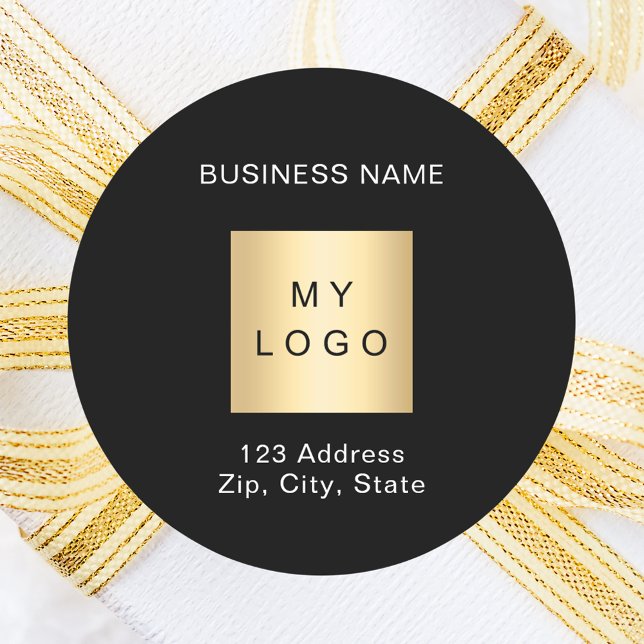 Business logo name address black white classic round sticker (Creator Uploaded)