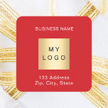 Business logo name address red white square sticker<br><div class="desc">Red background,  white text. Personalise and add your business name,  logo and address or text.</div>