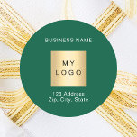 Business logo name green white address classic round sticker<br><div class="desc">Green background,  white text.  Personalise and add your business name,  logo and address or text.</div>