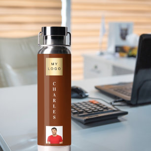 Business logo name photo brown water bottle