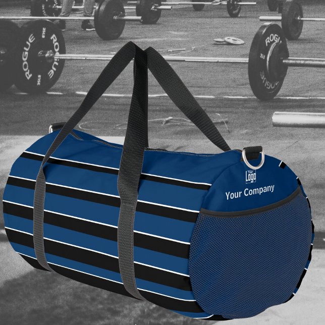 Business Logo Name Striped Blue White Black Duffle Bag (Business Logo Name Striped Blue White Black Duffle Bag, Promotional Gift, Merchandise)
