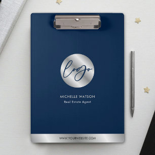 Business Logo Navy Blue & Silver Promotional Clipboard