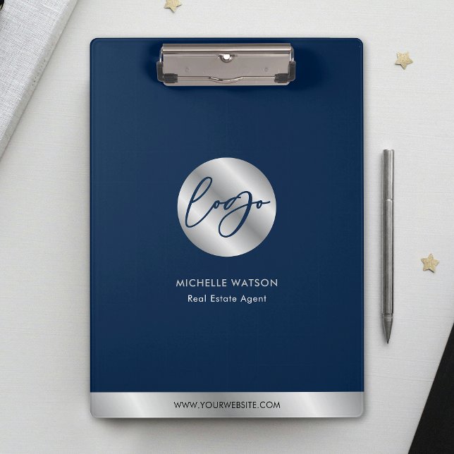 Business Logo Navy Blue & Silver Promotional Clipboard (Modern business branded clipboard in navy blue and faux silver with your logo and contact details)