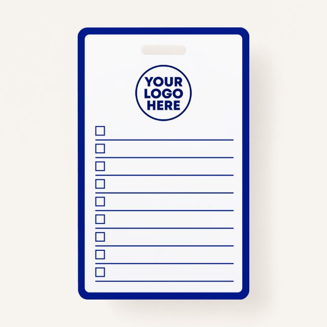 Business Logo Navy Blue Whiteboard To Do List ID Badge (Front)