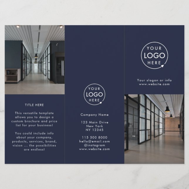 Business Logo Navy Photo Modern Trifold Brochure (Front)