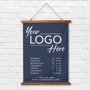 Business Logo Open Hours Blue Hanging Tapestry