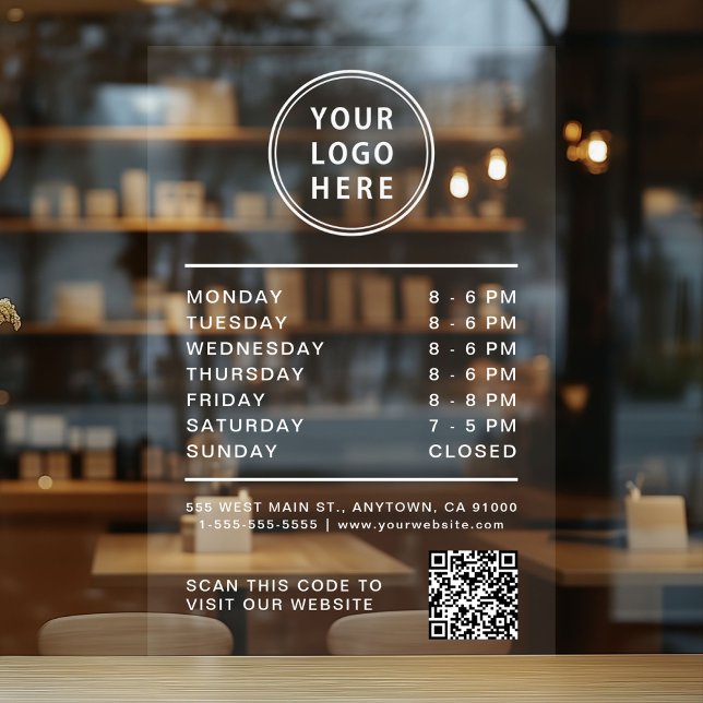 Business Logo Open Hours QR Code White Lettering (Business Logo Open Hours QR Code White Lettering Window Cling)