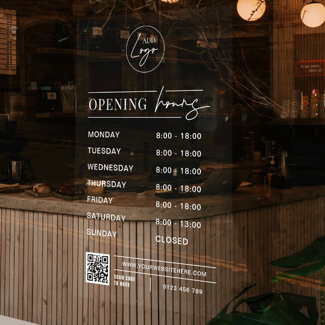 Business Logo Opening Hours QR Code Transparent (Transparent with white text opening hours window cling for business, featuring your logo & QR code)