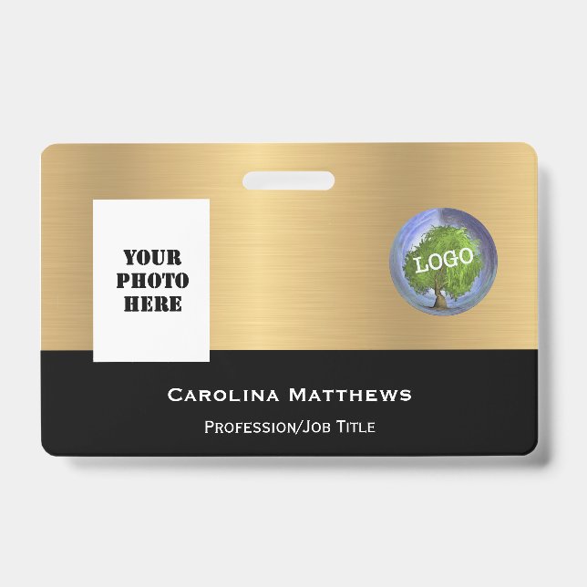 Business Logo Photo Gold Black ID Badge (Front)