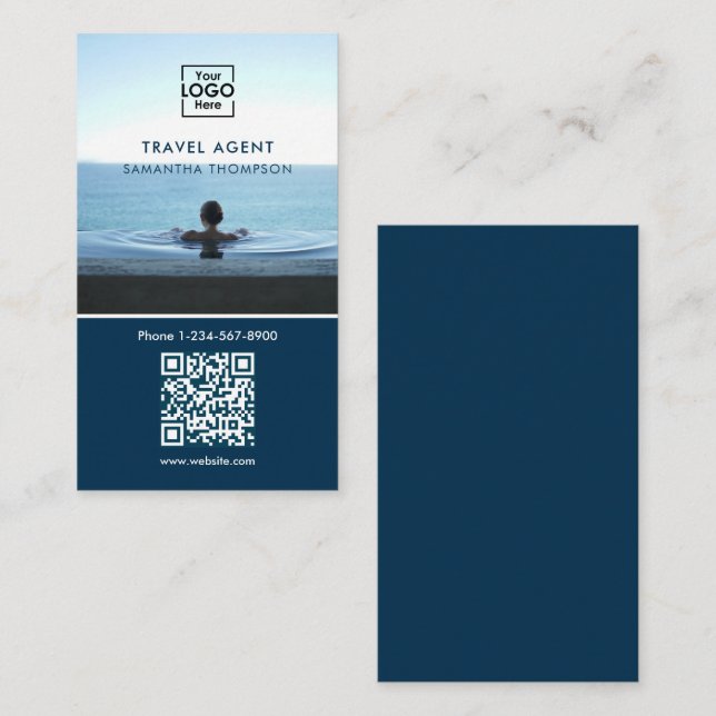 Business Logo Photo QR Code Modern Blue Card (Front/Back)