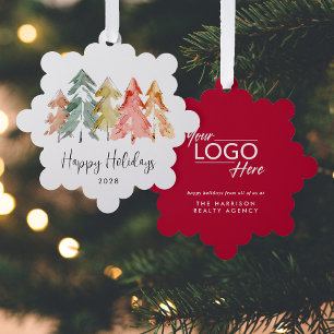 Business Logo Pine Trees Happy Holidays Christmas Tree Decoration Card