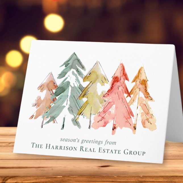 Business Logo Pine Trees Watercolor Holiday Card (Spread the joy of the season and strengthen business relationships with our elegant holiday card)