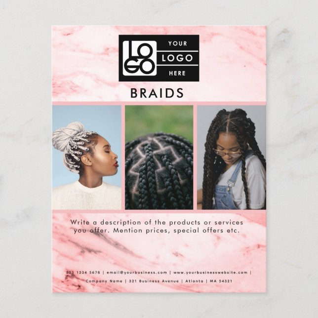Business Logo Pink Marble Braids Hair 3 Photos  Flyer (Front)