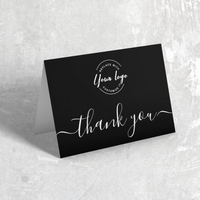 Business Logo Professional Corporate White Script  Thank You Card (Corporate Thank you customer folded card, with logo, social media icons and message.)