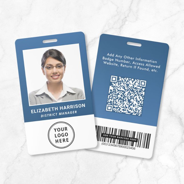 Business Logo QR Code Barcode Blue Photo ID Badge (Business Logo QR Code Barcode Blue Photo ID Badge)