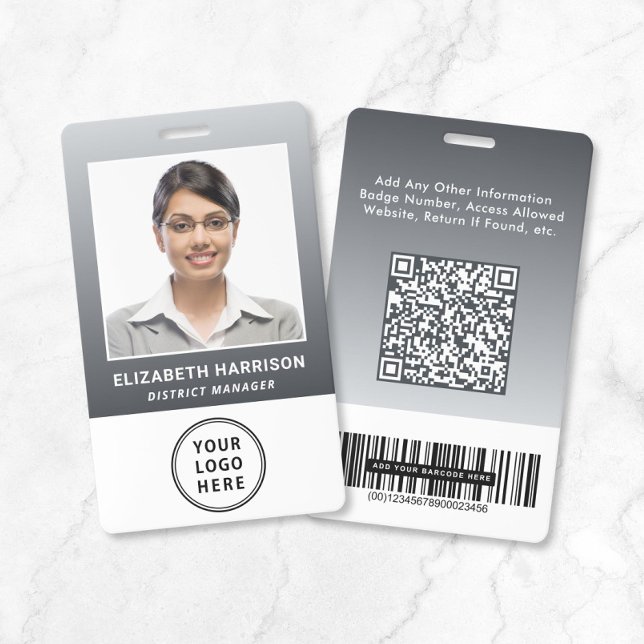 Business Logo QR Code Barcode Grey Photo ID Badge (Business Logo Barcode Gray Employee Photo Photo ID Badge)