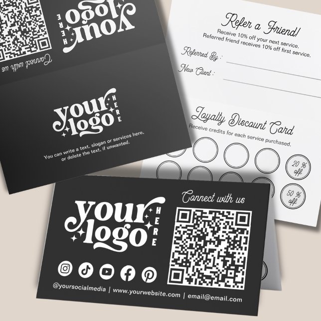 Business Logo QR Code Black Company Referral Punch Loyalty Card (Creator Uploaded)