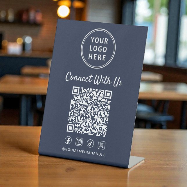 Business Logo QR Code Blue Tabletop Pedestal Sign (Business Logo QR Code Blue Tabletop Pedestal Sign)