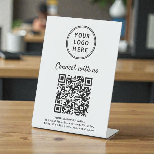 Business Logo QR Code Connect With Us Tabletop Pedestal Sign