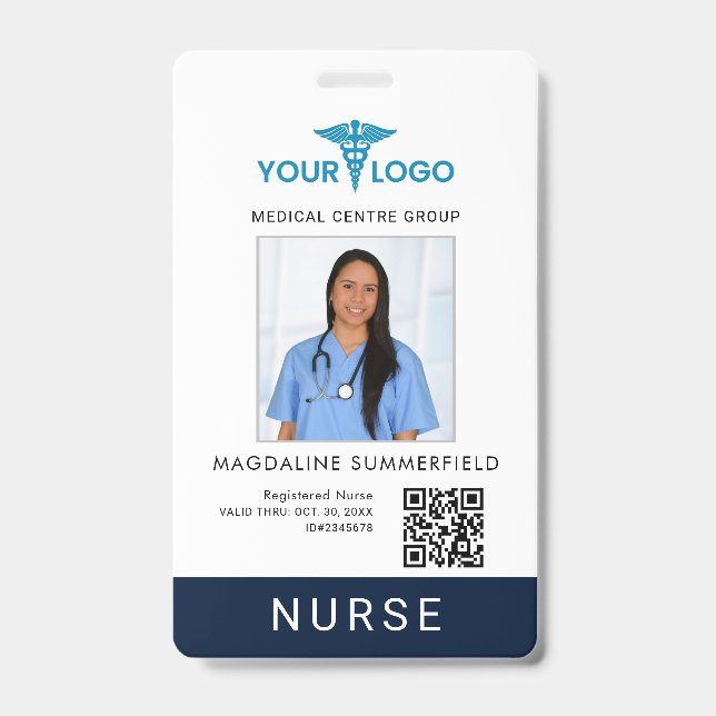 Business Logo QR Code Grad Nurse Photo ID Badge (Front)