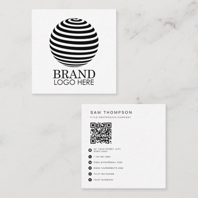 Business Logo QR Code Modern Minimal White Square Business Card (Front/Back)