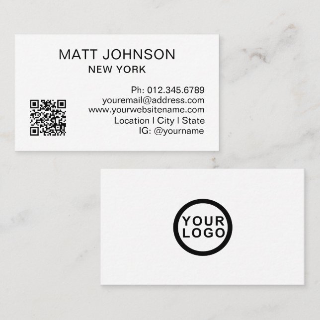 Business Logo QR Code Modern White Business Card (Front/Back)