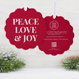 Business Logo QR Code Peace Love Joy Red Christmas Tree Decoration Card