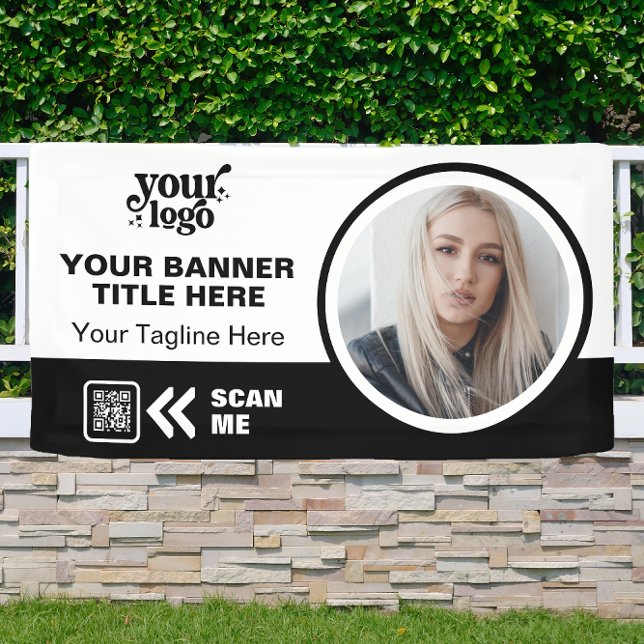 Business Logo QR Code Photo Indoor Outdoor Black Banner (Creator Uploaded)