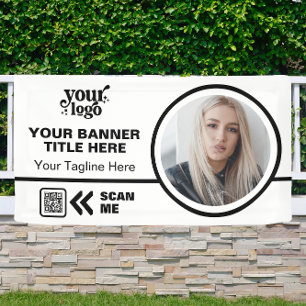 Business Logo QR Code Photo Indoor Outdoor White Banner