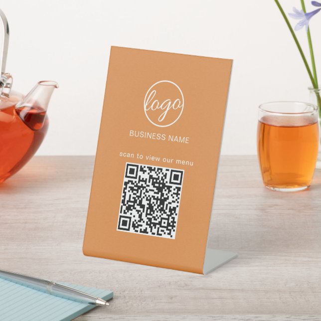 Business Logo QR Code Restaurant Menu Orange Pedestal Sign (In SItu)
