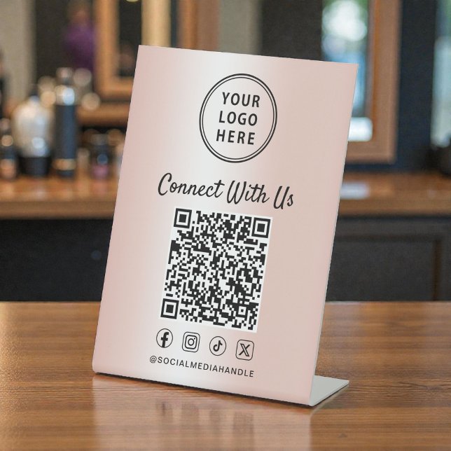 Business Logo QR Code Rose Gold Tabletop Pedestal Sign (Business Logo QR Code Rose Gold Tabletop Pedestal Sign)