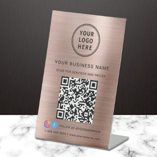 Business Logo QR Code Social Media Rose Gold Pedestal Sign