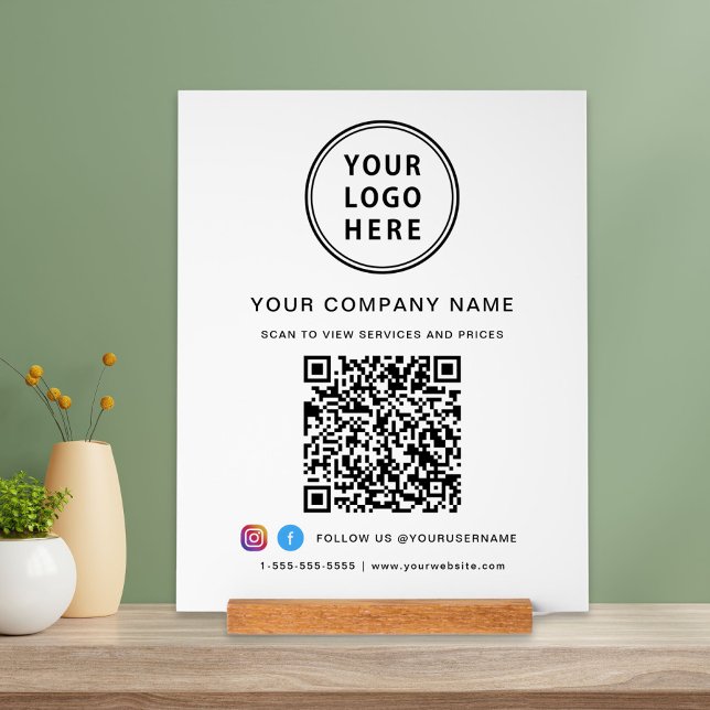 Business Logo QR Code Social Media White Acrylic Sign (Creator Uploaded)