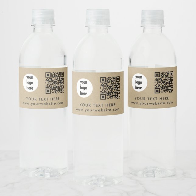 Business Logo QR Code Text Website Kraft Customer Water Bottle Label (Bottles)