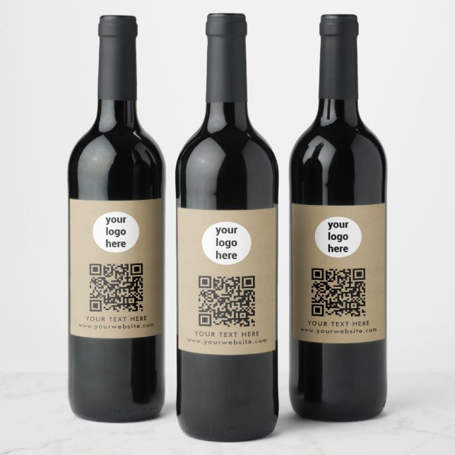 Business Logo QR Code Text Website Kraft Customer Wine Label (Bottles)