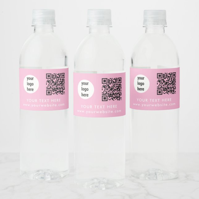 Business Logo QR Code Text Website Pink Customer Water Bottle Label (Bottles)