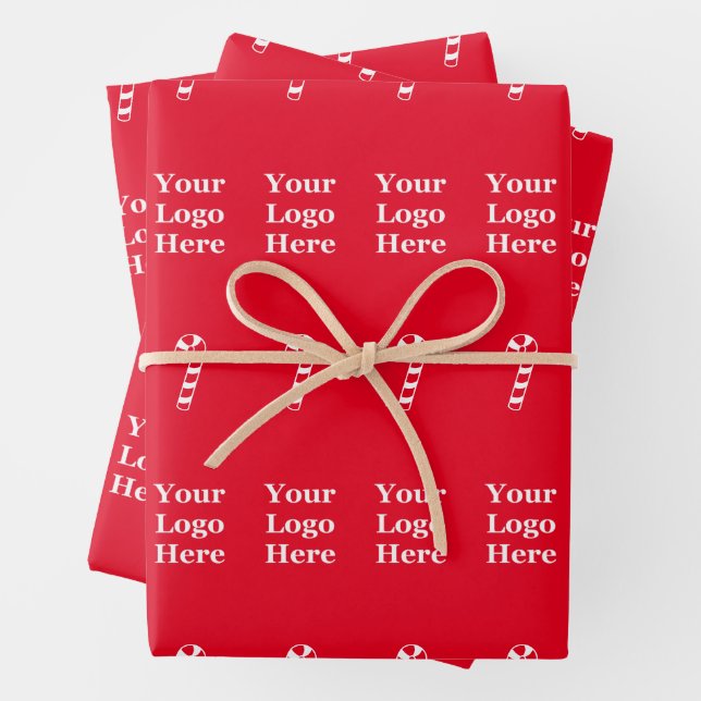 Business Logo Red and White Christmas Candy Cane Wrapping Paper Sheet (In situ)